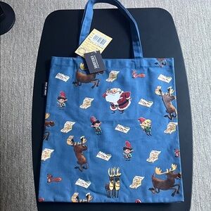 Out of Print Festive Blue Tote Bag with Santa, Elf and Reindeer